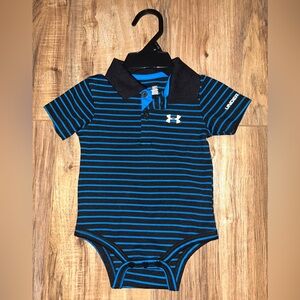 New W/O tags. Under Armour Black and Blue Striped Collared Onesie bodysuit. 3/6m